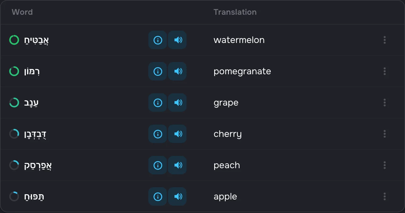 A lesson notebook in CoolPan: words, translations and audio