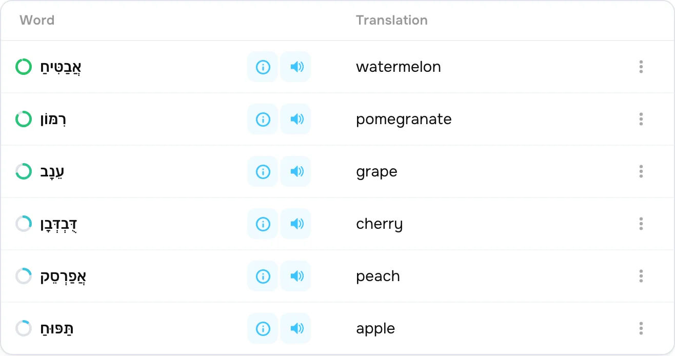 A lesson notebook in CoolPan: words, translations and audio