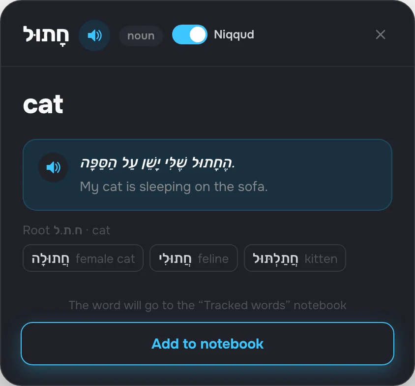 A verb card: binyan, root and words from the same root