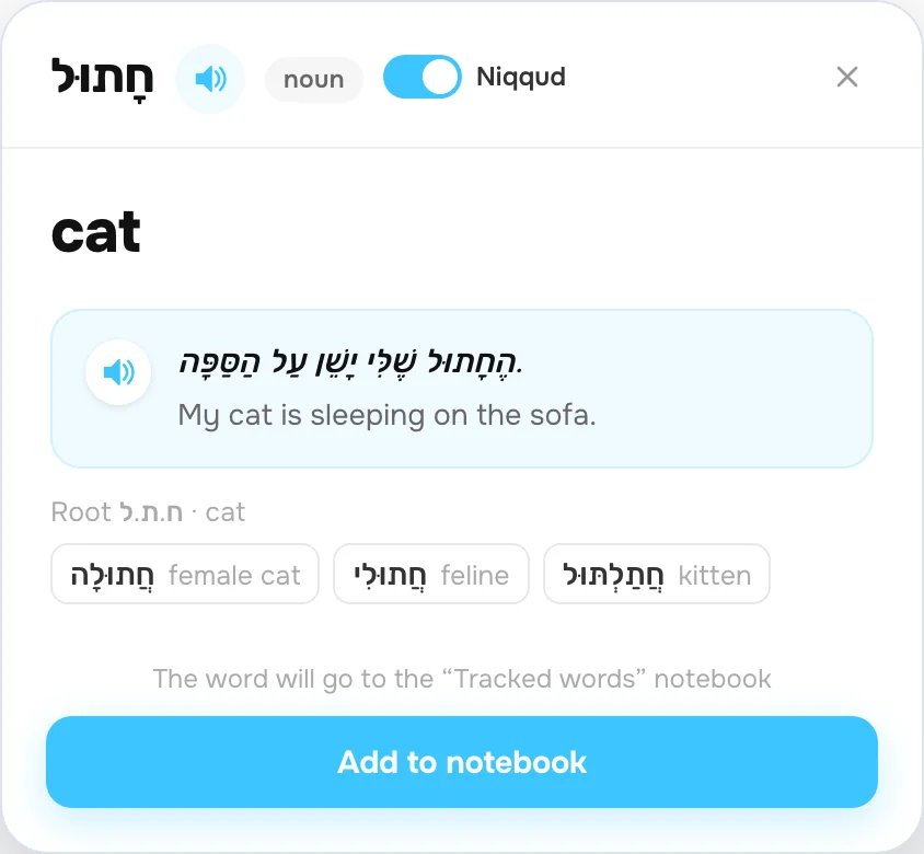 A verb card: binyan, root and words from the same root