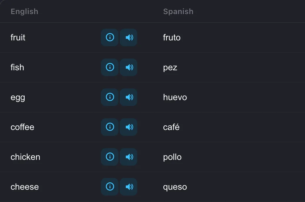 A lesson notebook in CoolPan: words, translations and audio