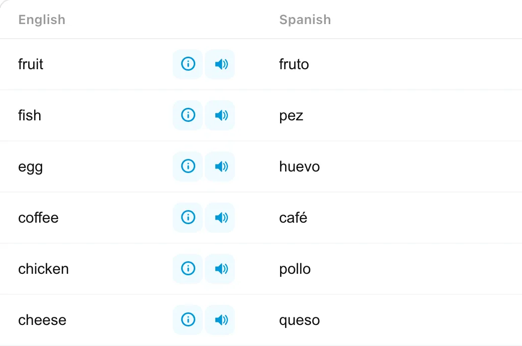 A lesson notebook in CoolPan: words, translations and audio