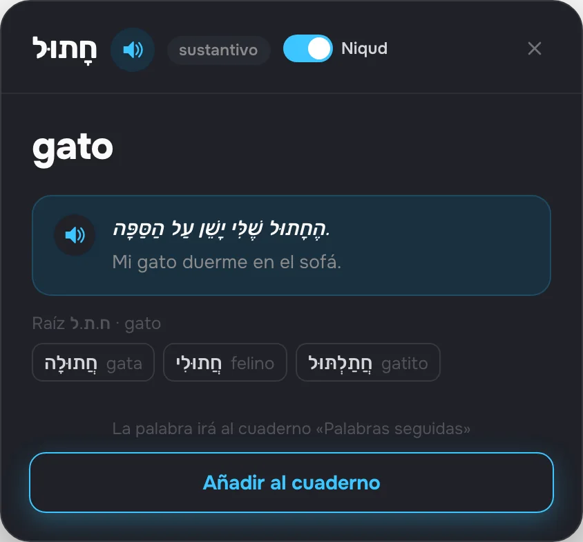 Ficha de un verbo: binyán, raíz y palabras de la misma raíz