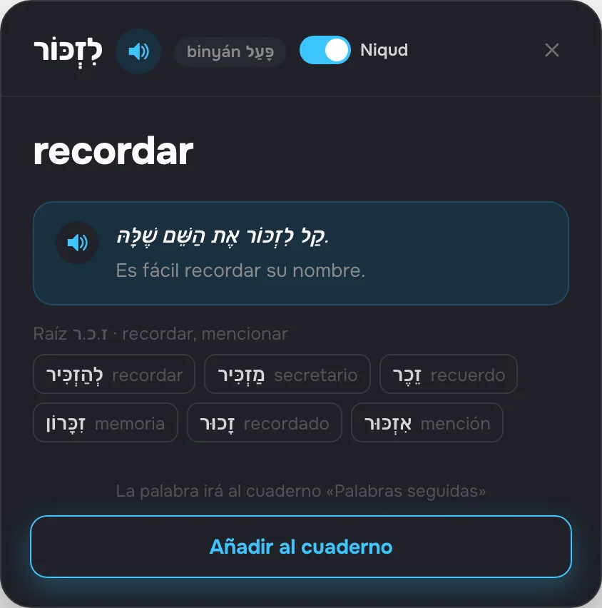 Ficha de un verbo: binyán, raíz y palabras de la misma raíz