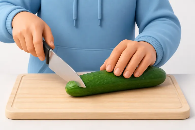 slice — нарезать ломтиками — Он нарезает огурец ломтиками на доске.